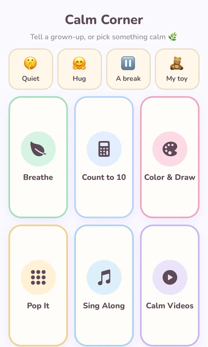 The Calm Corner — breathing, counting, coloring, a popping fidget, sing-along songs, and calm videos