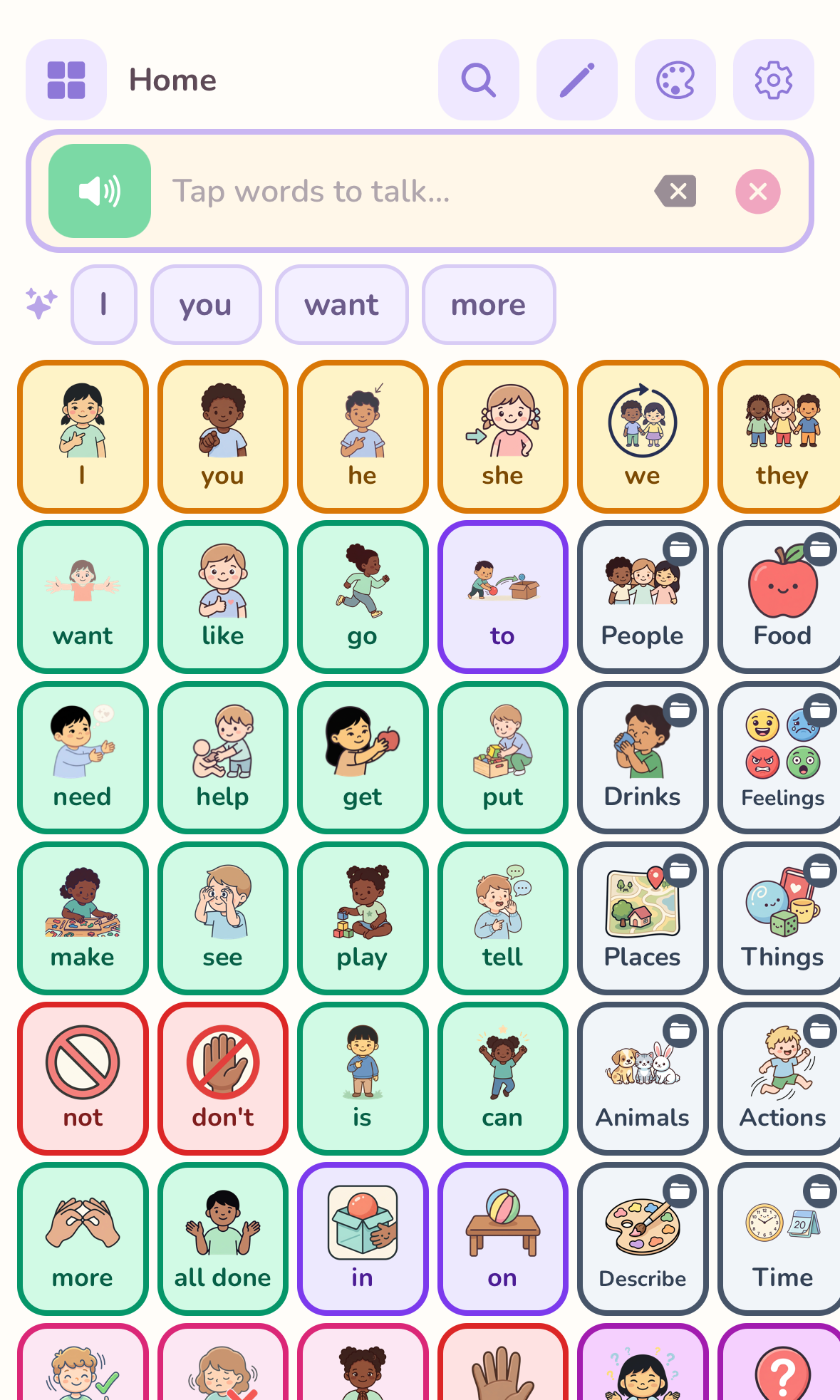 The Grid tab — a color-coded communication board with pronouns, verbs, and category folders