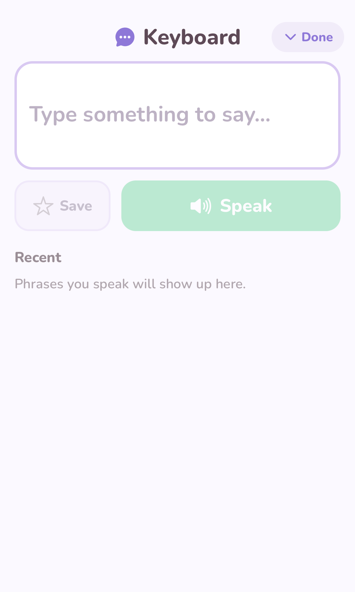 The Keyboard tab — type anything and the app speaks it aloud