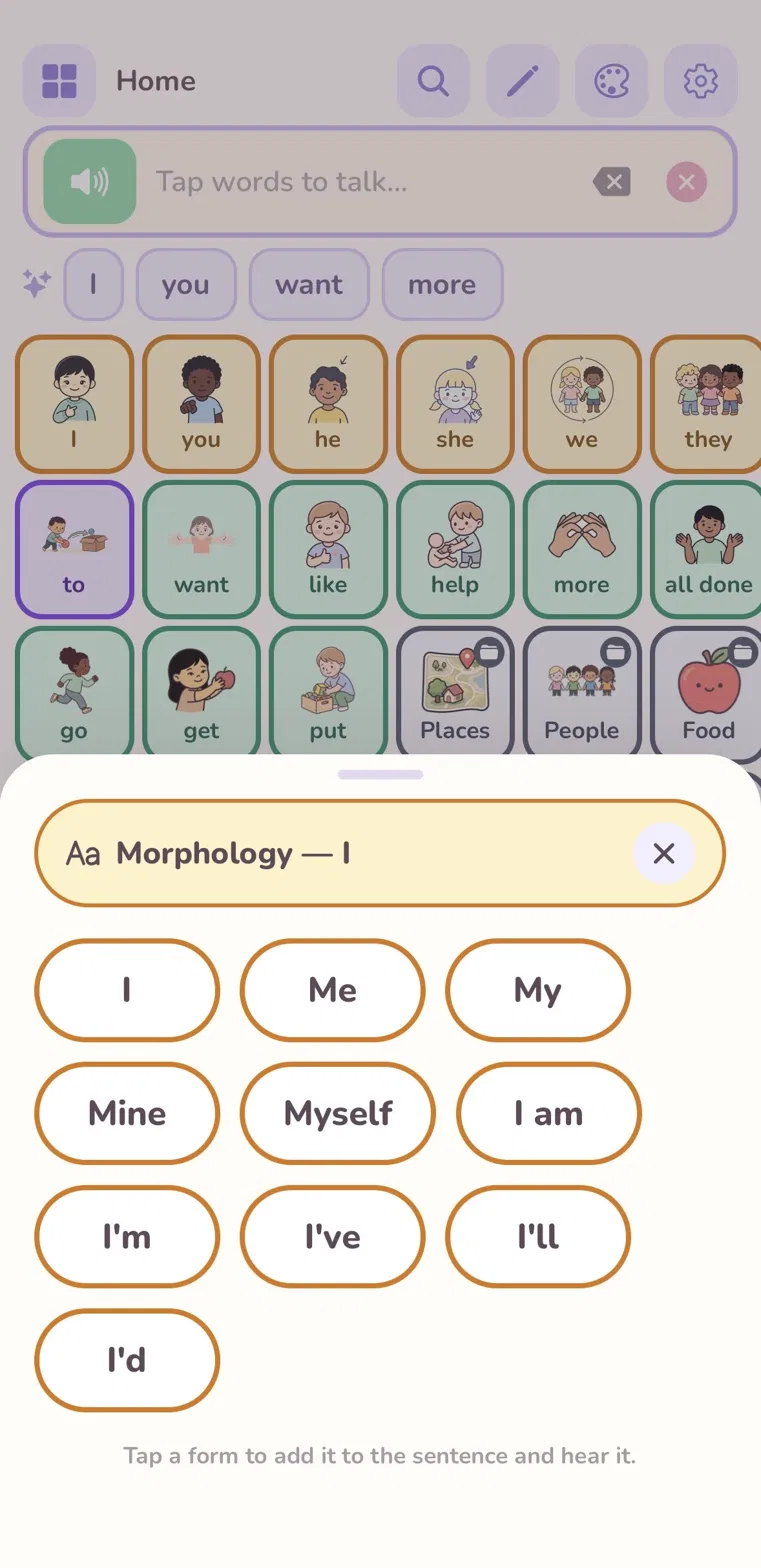 Long-press morphology popover β shows I, Me, My, Mine, Myself, I am, I'm, I've, I'll, I'd