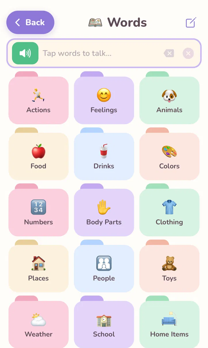 The Words library — folders like Actions, Feelings, Animals, Food, and School, part of the Quick tab