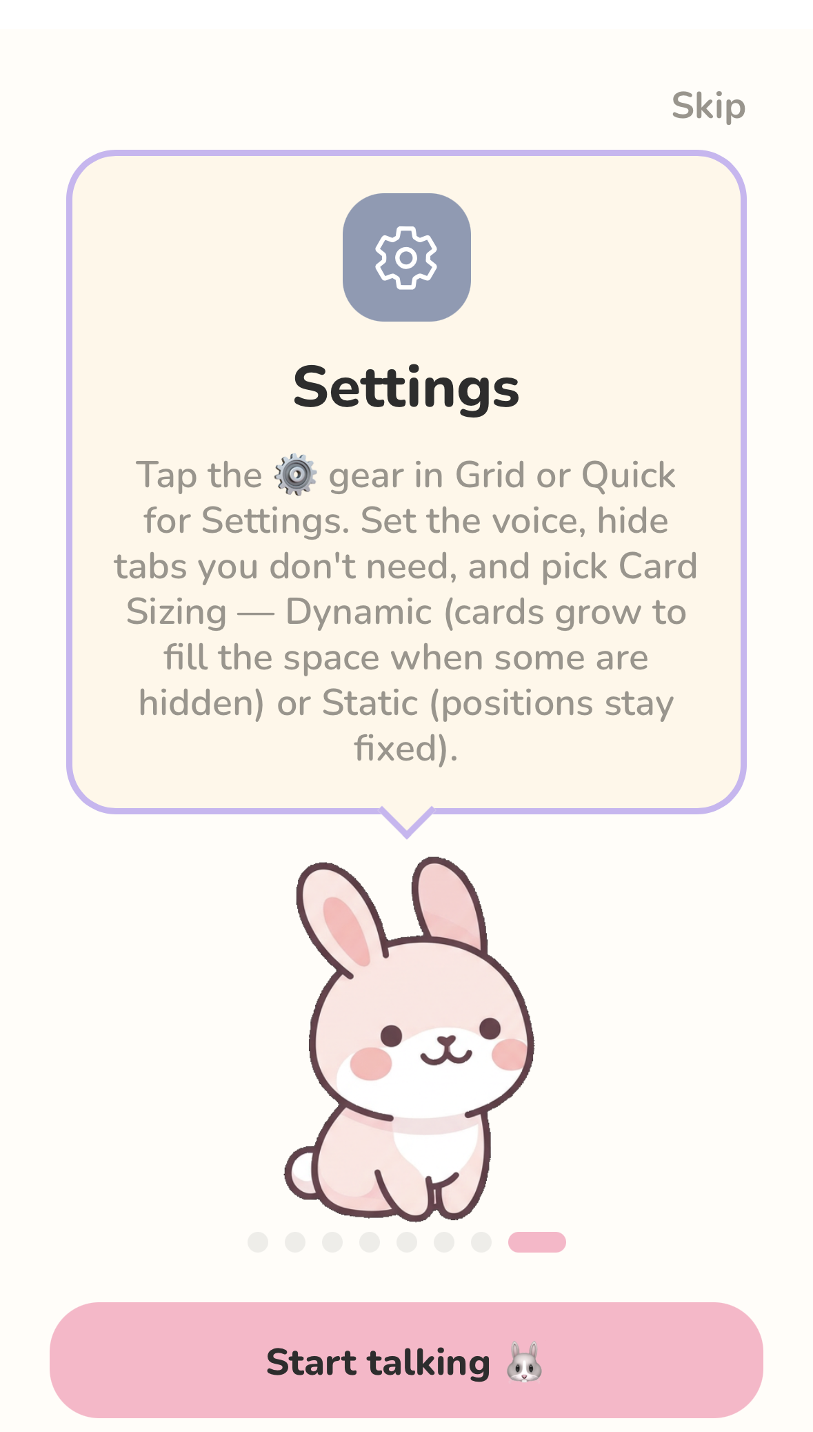 BunBun explaining Settings during the app tour — voice, tab visibility, and card sizing options